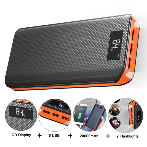 Power Bank 20000mAh Powerbank 3 USB External Battery Pack for iPhone 6 6s 7 8 10 iPad Samsung Xioami Huawei Sony LG HTC Nokia.