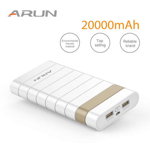 ARUN 20000mah Power Bank External Battery PowerBank 2 USB  Powerbank Portable Mobile phone Charger for Xiaomi Samsung iphone XS