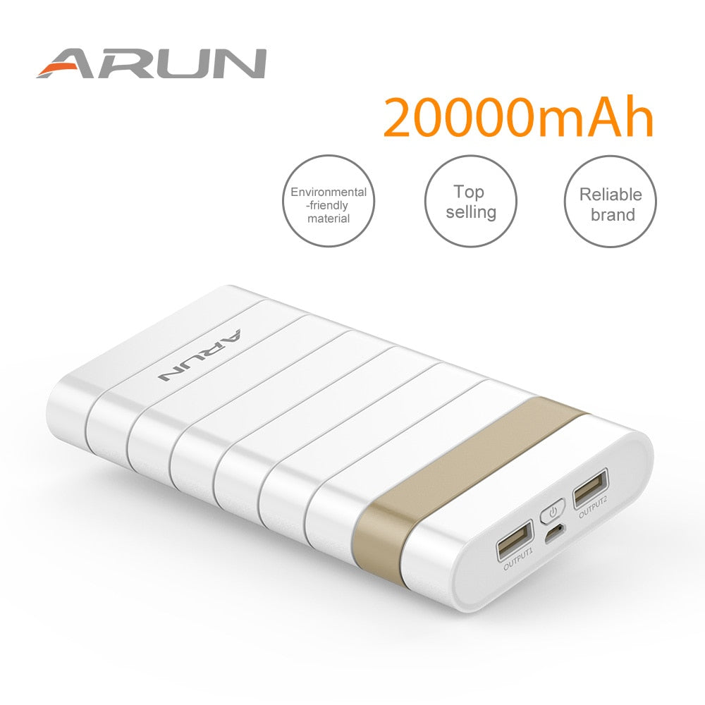 ARUN 20000mah Power Bank External Battery PowerBank 2 USB  Powerbank Portable Mobile phone Charger for Xiaomi Samsung iphone XS